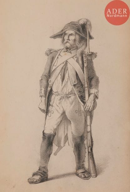 Achille Louis SIROUY (1834-1904)
Soldat de l’An II
Dessin au crayon noir légendé à la plume.
21?x?14,5?cm