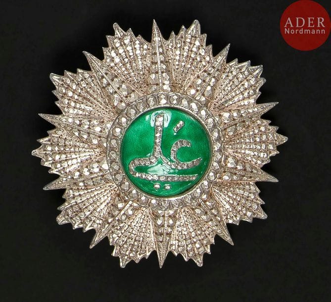 FRANCE - TUNISIE
ORDRE DU NICHAN IFTIKHAR, créé en 1835.
Plaque de grand-croix de fabrication tunisienne au monogramme de Ali Bey (1882-1902) en argent travaillé à pointe de diamant, repercée et émail, revers à deux crochets attache basculante. Poinçon au cygne.
83?mm - Poids brut : 89?g
T.T.B.