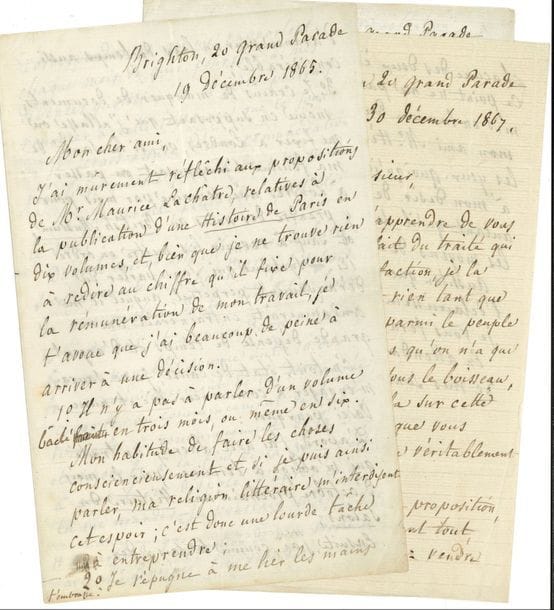 Louis BLANC (1811-1882) historien et homme politique, membre du gouvernement provisoire de 1848. 1 L.A. et 4 L.A.S., 1865-1880, à un ami et à Maurice Lachâtre ; 12 pages in-8, la 4e à en-tête Assemblée Nationale (accidents à la dernière).

   Au sujet de l’édition illustrée de son Histoire de la Révolution française, que Lachâtre entreprend après avoir quitté la Librairie internationale d’Albert Lacroix et fondé les Docks du commerce et de la librairie. 
 Brighton 19 décembre 1865. Réflexions concernant les propositions de Lachâtre, d’une Histoire de Paris en 10 volumes, et d’exploiter son Histoire de la Révolution. « 1° Il n’y a pas à parler d’un volume bâclé en trois mois, ou même en six. Mon habitude de faire les choses consciencieusement et, si je puis ainsi parler, ma religion littéraire m’interdisent cet espoir ; c’est donc une lourde tâche à entreprendre ; 2° Je répugne à me lier les mains d’avance pour un laps de temps aussi considérable ; 3° Je crains de manquer de documents », etc. Du reste il faut qu’il termine pour octobre 1866 une Histoire des salons pour Lacroix… Brighton 30 décembre 1867. Il partage la satisfaction de Lachâtre, « ne désirant rien tant que de voir se répandre parmi le peuple des vérités historiques qu’on n’a que trop réussi à mettre sous le boisseau, et comptant pour cela sur cette science de la publicité que vous possédez »… 31 décembre. Refus net de la proposition d’une édition de bibliothèque et d’une édition format Charpentier : le prix proposé est « humiliant »… Il explique son acceptation d’un prix bas pour l’édition illustrée, et transmet des critiques de son frère concernant les gravures… Paris 8 février 1873. Le dossier de Lachâtre ne lui a pas été communiqué, et il ignore quelles charges existent contre lui. « Puis-je vous être utile ? De quelle manière ? »… Bellevue 9 août 1880. « Quoique Félix Pyat n’ait pas toujours été juste envers moi, je n’ai pas oublié qu’il fut un de ceux qui m’accompagnèrent au chemin de fer