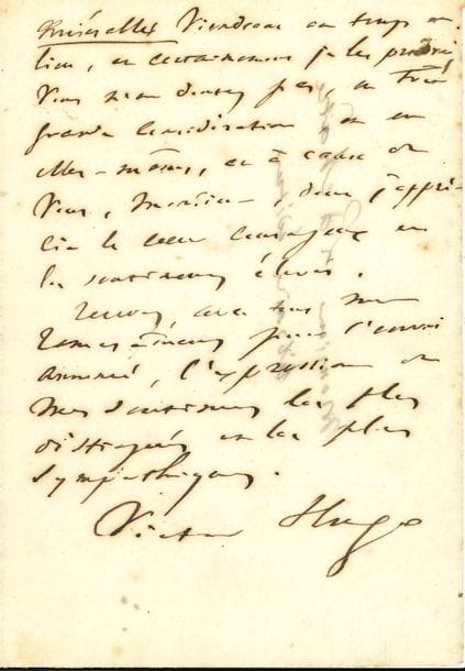 Victor HUGO (1802-1885). L.A.S., Marine Terrace 22 mars 1854, à Maurice Lachâtre, « libraire éditeur » ; 2 pages in-8, adresse.

   Sa lettre l’a vivement touché : « je serai charmé de recevoir votre Dictionnaire universel. Vous pouvez remettre le 1er volume à notre excellent ami commun M. Paul Meurice qui me le fera parvenir. Je vous écrirai très volontiers quelques lignes sur Jersey, car le sujet, ce me semble, ne comporte guère autre chose. Je verrai, du reste, par les autres articles et en feuilletant l’ouvrage même, si l’on peut s’étendre un peu plus et aller jusqu’à une colonne. Jersey n’est qu’un poème microscopique. – Vos amateurs pour Les Misérables viendront en temps et lieu, et certainement je les prendrai, vous n’en doutez pas, en très grande considération, et en elles-mêmes, et à cause de vous […] dont j’apprécie le cœur courageux et les sentiments élevés »…