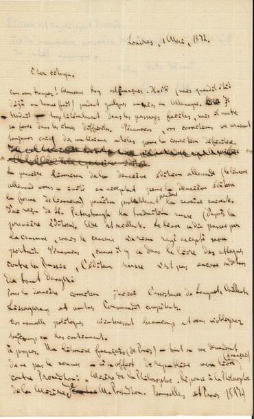 Karl MARX. L.A.S., Londres 1er mai 1872, au « Cher citoyen » [Maurice Lachâtre] ; 1 page et quart in-8 ; en français.

   Sur les traductions du Capital, à propos de son traducteur français Joseph Roy. 
 « Vous vous trompez ! Monsieur Roy est français. Il a été (mais quand il était déjà un homme fait) pendant quelques années en Allemagne. Il traduit trop litéralement dans les passages faciles, mais il montre sa force dans les choses difficiles. Néanmoins, vos corrections me serviront toujours comme des matériaux utiles pour la correction définitive »... Il annonce la parution prochaine de la première livraison de la deuxième édition allemande ; il a reçu de Saint-Pétersbourg la traduction russe. Celle-ci est excellente : « Le livre a dû passer par la censure, mais la censure n’a rien rayé excepté mon portrait. Néanmoins, comme il y a dans le livre des attaques contre la Russie, l’éditeur russe n’est pas encore en dehors de tout danger »... Pour la dernière correction de leur édition, il aura l’assistance de Longuet, Vaillant, Lissagaray, « et autres communards compétents »… Il prie Lachâtre de continuer à donner des nouvelles politiques, qui l’intéressent beaucoup. « À propos. Un libraire français (de Paris) – tout en me demandant de ne pas le nommer – m’a offert de republier mon livre (français) contre Proudhon : Misère de la Philosophie. Réponse à la Philosophie de la Misère de M. Proudhon. Bruxelles et Paris 1847. L’édition est complètement épuisée. J’ai des mauvaises nouvelles de Madrid sur l’état de santé du petit Lafargue [son petit-fils Étienne Lafargue (1869-mai 1872)] »…