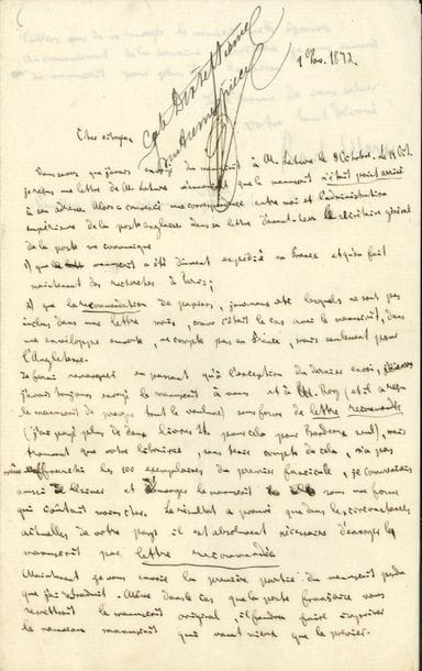 Karl MARX. L.A.S., [Londres] 1er novembre 1872, au « Cher citoyen » [Maurice Lachâtre] ; 1 page et quart in-8 (cote d’inventaire notarial, 2 infimes trous de liassage) ; en français.

   Au sujet de l’impression du Capital. 
 Il a envoyé son manuscrit à M. Lahure le 8 octobre, et le 19, a reçu avis de l’imprimeur que « le manuscrit n’était point arrivé […] Alors a commencé une correspondance entre moi et l’administration supérieure de la poste anglaise. Dans sa lettre d’avant-hier le secrétaire général de la poste me communique 1) que le manuscrit a été dûment expédié en France et qu’on fait maintenant des recherches à Paris ; 2) que la recommandation de papiers, journaux etc. lesquels ne sont pas inclus dans une lettre mais, comme c’était le cas avec le manuscrit, dans une enveloppe ouverte, ne compte pas en France, mais seulement pour l’Angleterre. Je ferai remarquer en passant qu’à l’exception du dernier envoi, j’avais toujours envoyé le manuscrit à vous et à M. Roy (et il a reçu le manuscrit de presque tout le volume) sous forme de lettre recommandée (j’ai payé plus de deux livres st. pour cela pour Bordeaux seul), mais trouvant que votre librairie, sans tenir compte de cela, n’a pas même affranchi les 100 exemplaires du premier fascicule, je commençais aussi de lésiner et d’envoyer le manuscrit sous une forme qui coûtait moins cher. Le résultat a prouvé que dans les circonstances actuelles de votre pays il est absolument nécessaire d’envoyer le manuscrit par lettre recommandée. Maintenant je vous envoie la première partie du manuscrit perdu que j’ai retraduit. Même dans le cas que la poste française vous remettait le manuscrit original, il faudra faire imprimer le nouveau manuscrit qui vaut mieux que le premier. N’oubliez pas de me renvoyer le manuscrit avec les épreuves. Au commencement de la semaine prochaine je vous enverrai du manuscrit pour plus d’une livraison »…