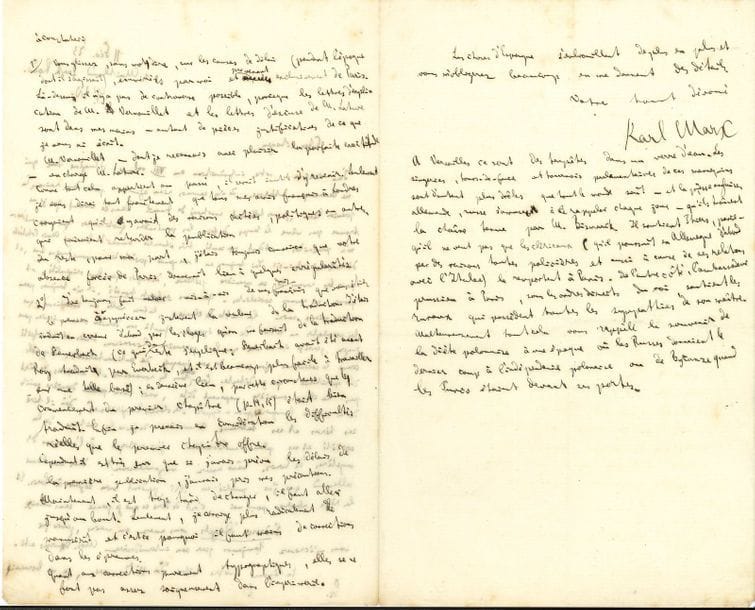 Karl MARX. L.A.S., Londres 11 février 1873, au « Cher citoyen » [Maurice Lachâtre] ; 2 pages ¾ in-8 remplies d’une petite écriture serrée ; en français.

   Longue et intéressante lettre commentant l’œuvre d’Eugène Sue, son travail sur le texte français du Capital, et la situation politique en France. 
 Il a reçu l’introduction de Lachâtre au volume VIII d’Eugène Sue [Les Mystères de Paris, Les Docks de la Librairie, t. VIII, 1873] qui l’a « beaucoup intéressé », mais il n’en dira pas plus : « je suis tellement surchargé de travail dans ce moment que je ne trouve pas même le temps de faire les promenades quotidiennes que mon médecin m’a prescrites et dont ma santé très ébranlée aurait besoin. […] J’ai toujours eu une grande prédilection pour Eugène Sue, et pour les romans de sa première période, distingués par leur originalité, et pour ses romans socialistes. Quant aux Enfants trouvés, il m’a toujours paru avoir mieux saisi la lutte des classes, la base réelle du socialisme, que les socialistes en titre de son époque. Quant à son dernière œuvre je n’en peux juger parce que je n’en ai eu que la première livraison. Mais il est infecté comme le socialisme français de son époque de sentimentalisme. Il y mêle du spiritisme que je déteste. Comme tous les romanciers et artistes, ce n’est pas la classe ouvrière proprement dite, mais cette dernière couche de la société française qu’on appelle “les classes dangereuses”, d’où il tire ses héros et ses tableaux. Sa manière de faire la critique de la société et ses plans d’amélioration j’ai critiqué, à l’occasion des Mystères de Paris, même assez vigoureusement dans un livre allemand [Die heilige Familie, oder Kritik der kritischen Kritik] que j’ai publié en 1845, pendant mon séjour à Paris. Et la règle absolue pour moi, c’est de dire ce que je pense sans vernis ». 
 Il rappelle à Lachâtre qu’il a déjà l’adresse d’Engels, « parce que vous m’écrivez toujours par son intermédiaire », puis il conteste ses explications su