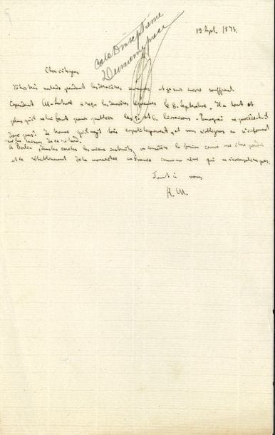 Karl MARX. L.A.S. « K. M. », [Londres] 19 septembre 1873, au « Cher citoyen » [Maurice Lachâtre] ; demi-page in-8 d’une petite écriture serrée (cote d’inventaire notarial) ; en français.

   « J’étais très malade pendant les dernières semaines et je suis encore souffrant. Cependant M. Lahure a reçu les dernières épreuves le 8 septembre. Il a tout et plus qu’il ne lui faut pour publier les 5 et 6 livraisons. Pourquoi ne procède-t-il donc pas ? Je trouve qu’il agit très impolitiquement, et vous m’obligerez en m’informant sur les raisons de ce retard »... Puis il fait allusion à la tentative de fusion monarchique (entreprise par le comte de Paris, chef de la Maison d’Orléans, auprès du comte de Chambord, prétendant légitimiste) : « À Berlin, dans les cercles les mieux instruits, on considère la fusion comme une chose perdue et le rétablissement de la monarchie en France comme un rêve qui ne s’accomplira pas »…