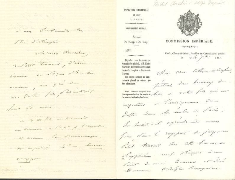 Michel CHEVALIER (1806-1879) économiste. 4 L.A.S., 1836 et 1867, à Alexandre Brongniart de l’Institut, puis à Adolphe Brongniart ; 1 page et quart in-4, et 5 pages et demie in-8, une à en-tête de l’Exposition Universelle de 1867 à Paris, 2 adresses et une enveloppe.

   14 août 1836. Il a su que M. Ducatel de Baltimore lui avait expédié « une collection de produits céramiques de Baltimore », avec divers papiers et brochures. Il demande où il peut les faire réclamer. « Je m’occupe moi-même de vous arranger une collection de charbons américains », et il prépare aussi un cadeau pour l’École Centrale… 11 octobre 1836. Il le prie de faire admettre Ducatel parmi les membres de la Société Géologique…
   24 septembre 1867. Il a entendu dire beaucoup de bien de son fils, « Inspecteur de l’enseignement du dessin dans les écoles de Paris ». Au sein de l’Exposition Universelle, il lui propose de faire « dans le rapport du jury, un petit travail sur cette branche de l’exposition, […] de manière à considérer le rapport comme un exposé général de la situation des arts en 1867 »… 29 septembre 1867. Il rappelle sa proposition de charger son fils de la partie du rapport du jury qui traite de l’enseignement du dessin : « Ce petit travail, d’une dizaine de pages […] paraitrait sous son nom »…
   On joint une L.S. du baron Jean-Guillaume Locré, 29 février 1831 (2 p. in-fol.), à propos de questions juridiques et économiques : « Le transport de créance est une véritable transmission de la propriété d’un droit incorporel, et voilà pourquoi le Code Civil l’a comprise dans le titre Du Contrat de vente »…