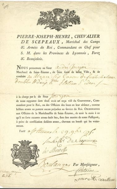 ANCIEN RÉGIME. 8 lettres ou pièces, la plupart P.S. ou L.S., 1600-1783.

   Lettre en latin par Flaminius Manlius et Joannes Franchinus, 4 novembre 1600, à l’Archiduc Ferdinand d’Autriche ; Germain Dubois de Crancé, 29 août 1757, laisser passer pour le Sr Braunsweig, négociant juif ; Jacques de Flesselles, L.S., Moulins 26 août 1764 au maréchal de Biron à propos des revues du Régiment des Gardes françaises ; fin de L.A.S. du baron de Joursanvault, Beaune 6 juillet 1767, commande à un libraire de nobiliaires de Picardie, Provence, Champagne ; Pierre-Josph chevalier de Scepeaux, 1 P.S., Saint-Étienne 29 novembre 1775, laisser passer pour un marchand en Alsace avec 6 canons de fusils de chasse ; maréchal de Ségur, Versailles 31 août 1783, etc.
   On joint 6 lettres ou pièces par Henriette Clauzel, Dubruel, le duc de Maillé, le maréchal Victor duc de Bellune, etc.