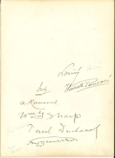 ALBUM D’AUTOGRAPHES. 30 signatures dans un livre d’or, 1918-1919 ; 6 pages d’un cahier in-4, couverture de soie brochée rouge.

   Livre d’or de soirées de bienfaisance organisées par les Rothschild pour les anciens Poilus. Nombreuses personnalités militaires, politiques, littéraires, musicales ou artistiques : Léon Bonnat, Paul Bourget, Léon Bourgeois, Gal Georges Brissaud (remerciant les Rothschild « toujours prêts à secourir les infortunes de nos poilus »), Paul Deschanel, Edward VIII duc de Windsor, vice-amiral Émile Guépratte, Gabriel Hanotaux, Henri-Robert, maréchal Joseph Joffre, Lucien Lévy-Dhurmer, Gal Charles Mangin, Gal Charles Moinier gouverneur de Paris, Raymond et Henriette Poincaré, Jean Richepin, Camille Saint-Saëns (avec accord musical), Albert Salle, René Viviani, Lazare et Paul-Louis Weiller, etc…