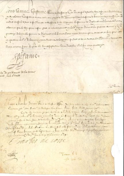 ANCIEN RÉGIME. 8 P.S. ou P.A.S., 1601-1624 ; vélins oblong petit in-4.

   Quittances sur vélin concernant principalement des ambassades en Angleterre (traitements des ambassadeurs, frais de voyages, etc.) : Charles de Cossé comte de Brissac, Robert Lemaçon sieur de la Fontaine, Samuel Spifame sieur de Buisseaux, Taneguy Leveneur comte de Thillières, Louis de Maisonneuve, Jean Pierres sieur de La Rivière, Jacques de Bonnevau (chargé d’un vol en la fauconnerie du Roi).
   On joint une L.S. du cardinal de Fleury à M. de Contades (1735), et une L.A.S. de Frédéric-Gaëtan, marquis de La Rochefoucauld-Liancourt (1827) sur la situation politique en Angleterre, et les affaires de Grèce.