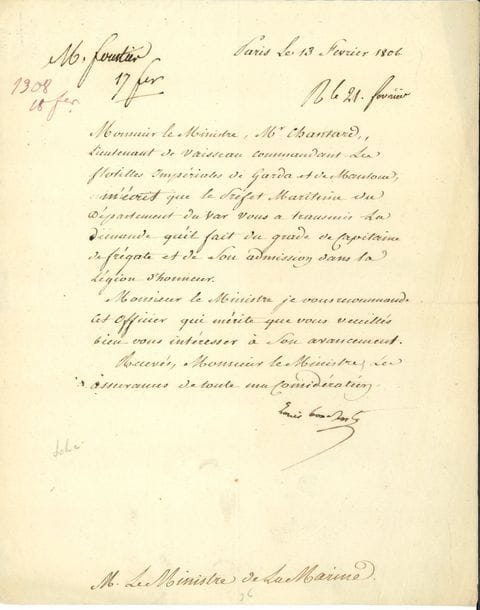 Louis BONAPARTE (1778-1848) frère de Napoléon, Roi de Hollande, père de Napoléon III.  P.S. « L. de St-Leu », Paris et Rome 1806-1818 ; 1 page in-4 chaque, cachet de cire rouge aux armes sur la 2e.
Lettre de Louis Bonaparte au miniqtère de la Marine retiré. 
 