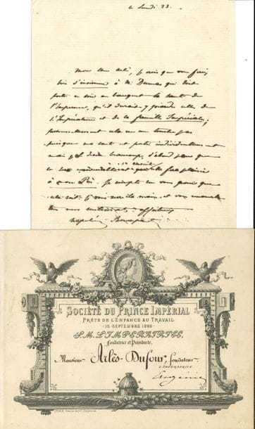 Napoléon BONAPARTE, Prince Napoléon (1822-1891) fils de Jérôme Bonaparte, homme politique démocrate. 2 L.A.S. et 1 L.S. avec compliment autographe, 1855-1865 et s.d., à François Barthélemy Arlès-Dufour ; 2 pages et demie in-8 à son chiffre.

   18 [avril 1855]. Il lui tend la main, reconnaissant que sa mauvaise humeur a affligé son ami. « Je vous attends demain matin d’abord pour travailler et demain soir pour voir une expérience curieuse de magnétisme »… Villa de Prangins (Suisse) 22 avril 1865. Envoi d’une lettre de recommandation auprès du ministre de la Marine, pour Mme Maillard. « Je vous engage à aller voir de ma part l’amiral La Roncière et à le prier d’arranger cette affaire comme vous le désirez »… Lundi 23. « Je crois que vous feriez bien d’insinuer à M. Dumas qui doit porter ce soir au banquet la santé de l’Empereur, qu’il devrait y joindre celles de l’Impératrice et de la famille Impériale […] je le désire beaucoup, d’abord parce que ce sera convenable ensuite cela fera plaisir à mon père »…
   On joint un carton de la Société du Prince Impérial, signé par l’Impératrice Eugénie.