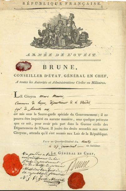 Guillaume BRUNE (1763-1815) maréchal de France. L.S. et P.S., an VIII (1799-1800) ; ¾ page in-fol. à en-tête Armée de la Batavie, et 1 page in-fol. en partie impr. à en-tête Armée de l’Ouest. Brune, conseiller d’État, Général en Chef, vignette gravée de Godard, cachets de cire rouge, visas au dos.

   Q.G. à Alkmaar 1er brumaire (23 octobre 1799), à Cornevin, sous-lieutenant à la 90e demi-brigade. « La bravoure et les talents militaires que vous avez déployés dans les différentes affaires [...] pendant la présente campagne contre les Austro-Russes, m’ont déterminé, Citoyen, à vous nommer au grade de lieutenant »... Q.G. de Nantes 27 germinal (17 avril 1800), sauvegarde pour Marc Mauras, de Luçon (Vendée), qui « ne pourra être inquiété [...] pour avoir pris part dans la Guerre civile [...], attendu qu’il s’est soumis aux Lois de la République »...