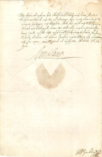 Christine de Suède (1626-1689) Reine de Suède. P.S. « Christina », Stockholm 20 mars 1649 ; contresignée par J. Wynblas ; 2 pages in-fol., grand sceau aux armes sous papier ; en suédois.

   Décret ou « resolution » en deux articles. Très bel état.