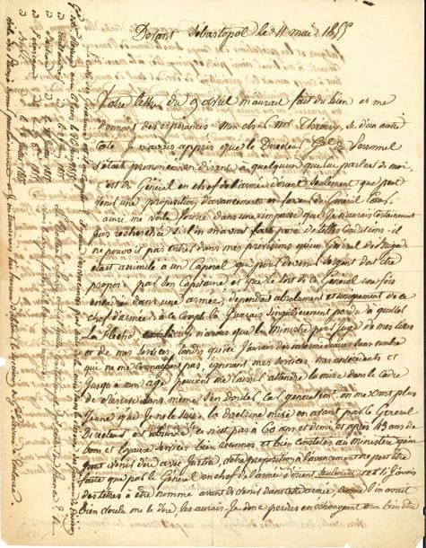 Crimée. 8 lettres ou pièces, la plupart L.A.S., 1854-1855 ; 14 pages formats divers (quelques légers défauts).

   Sur le siège de Sébastopol.
   Général Gustave Cler, bivac des Anglais près d’Inkerman 17 novembre 1854, à Eugène. Il a été propulsé au grade de général de brigade après la bataille de l’Alma, et le général Canrobert l’a encore proposé pour le grade de général après la bataille d’Inkerman : « Il m’en a donné immédiatement l’emploi, en me chargeant d’appuyer avec quatre bataillons toute la partie de l’armée anglaise qui se trouve à la gauche de la notre et la Place de Sébastopol »… – Isidore-Pierre Schmitz, au bivac devant Sébastopol 1er février et 12 mars 1855 : « Nous espérons recommencer le feu, vers la fin de février, il y a longtemps que nous serions prêts, mais les anglais ne marchent ni n’agissent »… – Général Cœur, devant Sébastopol 11 mai 1855, à M. Thierry. « Dans une guerre de siège il n’y a pas même l’espoir de pouvoir se distinguer, le service et les dangers sont les mêmes pour tous, le hasard seul vous préserve ou vous frappe. Rien n’est brutal et aveugle comme un boulet de canon »… Récit des derniers événements, avec la formation d’une expédition formée pour aller faire un débarquement à Kertels, mais annulée au dernier moment… – Général Bonat, Sébastopol 4 août 1855, à un général, annonçant l’arrivée du 43e de ligne. – Général Edmond Le Bœuf état d’armement des batteries pour l’attaque de gauche, devant Sébastopol le 1er septembre 1855. – Caporal Bayard, 1er Régiment de Grenadier, Sébastopol 28 octobre 1855, à M. Boucher : « Je me suis battu à Malakoff comme un français »… – Général Camou. Sébastopol 10 novembre 1855, à un général, recommandant un colonel : « L’armée Russe jusqu’ici ne paraît point vouloir évacuer la Crimée […]. La division de la garde s’est embarquée le 6 et le 7, elle aura fait peut-être son entrée triomphale à Paris »…