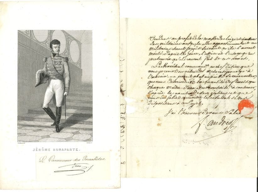 Empire. 6 L.S. ou P.S.

   François Andreossy (à Suchet, Boulogne 1804), Jérôme Bonaparte (signature découpée), Jean-Baptiste Droüet (Bordeaux 1808), Maurice-Étienne comte Gérard (1814, à Michaud), Rémy-Joseph-Isidore Exelmans (1814), Honoré-Charles-Joseph-Michel Reille (1807).