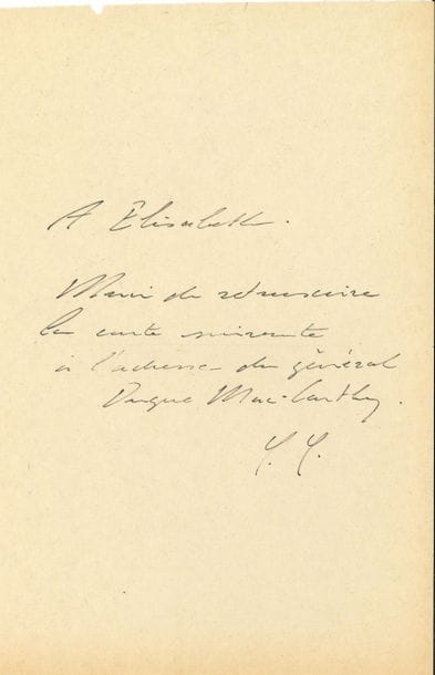 Charles de GAULLE. L.A.S. « C.G. », à sa fille Élisabeth ; demi-page in-8 (on joint un fac-similé de sa signature sur enveloppe).

   « Merci de retranscrire la carte suivante à l’adresse du général Dugué Mac-Carthy »…