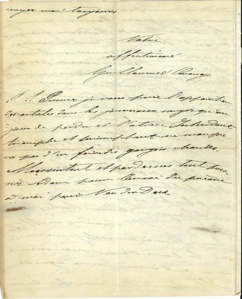 Guillaume III (1817-1890) Roi des Pays-Bas. L.A.S., La Haye 5 février 1848, à Eugène Vivier ; 4 pages in-4.

   Il demande « un grand et véritable service », Chollet disant « qu’il ne peut pas monter l’opéra de Mr Van der Does Flavinde dont vous avez entendu et apprécié le mérite. Ce refus de Chollet ne se base pas sur une désappréciation dans le sens du mérite artistique mais sur les moyens d’argent qu’il lui faudrait pour le monter convenablement ». Il prie Chollet « d’envoyer à Brandus l’ouverture pour piano et orchestre ainsi que le 1er acte également pour piano et orchestre afin que Brandus ait la bonté de les garder en dépôt […] et que Mr Brandus permette ensuite de lui envoyer les autres actes aussitôt finis »… Il est bien triste pour son pauvre jeune homme, qui sait cependant qu’il ne l’abandonnera jamais : il mettra « de la ténacité à faire réussir un jeune artiste national aussi méritant que Mr Van den Does »…