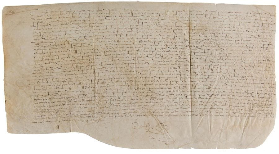 [HENRI II (1519-1559) Roi de France]. Copie d’époque d’une ordonnance, Fontainebleau 5 avril 1554 ; vélin oblong grand in-fol.

   Ordre pour une imposition de 800.000 livres à raison de 4 sols pour livre de la taille ; ce nouvel impôt ne sera levé que « durant la guerre qui continue encore comme il est notoire pour la dureté et obstination de l’empereur notre ennemy »...