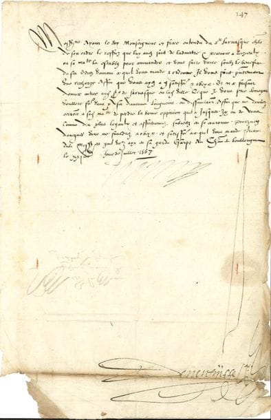 HENRI III (1551-1589) Roi de France. L.S., château de Boulogne 21 juillet 1568, aux maire, échevins et habitants de Lisieux ; contresignée par Nicolas de Neufville ; 1 page in-fol., adresse au verso (un bord un peu effrangé, pliure dans le bas).

   Il a su par le Sr Farvasque [Fervaques] « chevalier de son ordre le reffuz que luy avez faict de ladmettre & recevoir a Lizieulx ou Sa Maté la estably pour commander et vous faire vivre soubz le benefice de ses edictz suivant ce quil vous mande & ordonne il vous faict presentement une recharge affin que vous ayez a y satisfaire & obeyr. Et en ce faisant donner entree audit Sgr de Farvasque en lad. ville ce que je vous prie de ma part voulloir faire faire sans y faire davance longueur et dissimulation affin que ne donniez occasion a sad. Maté de perdre la bonne oppinion qu’il a jusques icy eu de vous comme des plus loyaulx et affectionnez sujectz de sa couronne »...