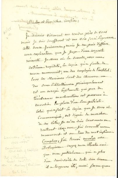Joseph LAKANAL (1762-1845) homme politique, conventionnel (Ariège), organisateur de l’instruction publique. L.A.S., à un confrère sculpteur [David d’Angers ?] ; 1 page et quart in-8.

   Au sujet de la copie de son manuscrit où le copiste, un légitimiste, a fait une erreur volontaire : « Au lieu du mot infâme complice, j’ai trouvé martyr avec Robespierre. Croyez mon illustre ami que mon patriotisme qui a plus d’un demi-siècle de date sera comme il a toujours été, aussi ferme que le marbre auquel vôtre génie sait donner la vie et presque le mouvement »…