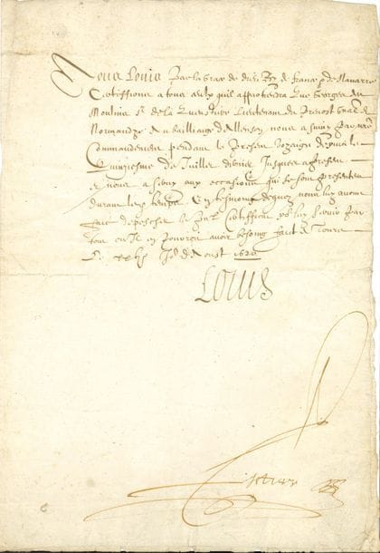 LOUIS XIII (1601-1643) Roi de France. P.S. (secrétaire), Tours 24 août 1620 ; contresignée par Potier ; 1 page in-fol.

   Certificat pour Georges des Moulins sieur de La Queustière, lieutenant du prévôt général de Normandie du bailliage d’Alençon, qui « nous a suivy par nre commandement pendant le present voyaige depuis le quinziesme de juillet dernier jusques a present et nous a servy aux occasions qui se sont presentees durant longtemps »...