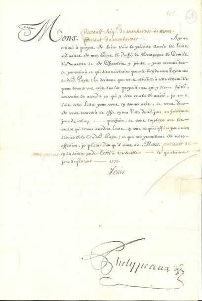 LOUIS XVI (1754-1793) Roi de France. L.S. et P.S. (secrétaires), Versailles 1775 ; la première contresignée par Phelypeaux (griffe), la seconde par Lamoignon ; 1 page in-fol. en partie impr. avec adresse et sceau sous papier, et vélin oblong in-fol.

   4 février, convocation de M. Perrault seigneur de Montrevost aux États ordinaires du pays et du duché de Bourgogne à Dijon, « en ma Ville de Dijon au huitieme jour de May prochain »... 23 août, lettres de conseiller d’État pour le sieur Boutin, Intendant des Finances, dans l’une des « six nouvelles places [...] aux mêmes honneurs, droits, prérogatives, prééminences, privilèges, exemptions, ages et émoluments » dont jouissent les anciens conseillers...