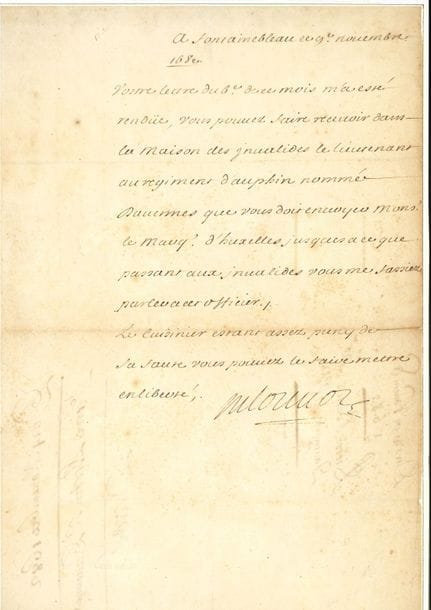 Michel Le Tellier, marquis de LOUVOIS (1641-1691) secrétaire d’État à la  Guerre, réorganisateur de l’armée française. L.S., Fontainebleau, 9 novembre 1682, à M. de Saint-Maurin ; 1 page in-fol.

   « Vous pouvez faire recevoir dans la maison des Invalides le lieutenant au regiment dauphin nommé Davennes » envoyé par le marquis d’Huxelles « jusques à ce que passant aux Invalides vous me fassiez parler à cet officier. Le cuisinier estant assez puny de sa sauce, vous pouvez le faire mettre en liberté ».