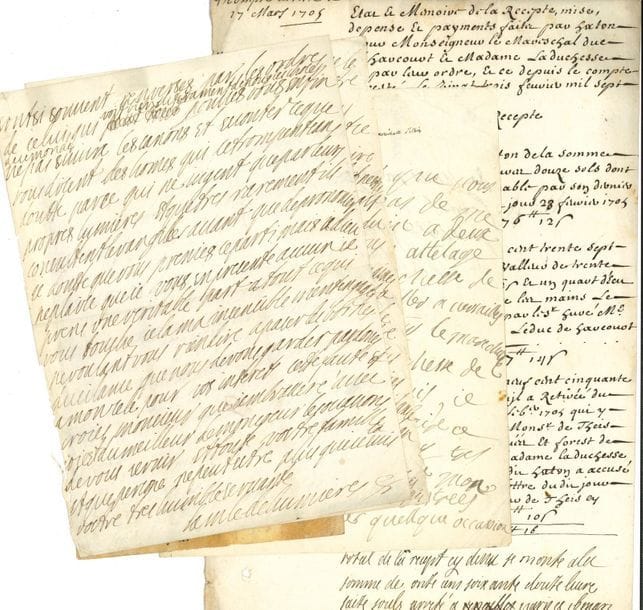 Maréchales. 18 L.S. ou P.S. dont 6 autographes, XVIIe-XVIIIe siècle.

   Marie-Marguerite Le Menestrel de Haugel marquise de Bazin de Bezons, Catherine-Charlotte de Gramont duchesse de Boufflers, Marie de Girard de L’Espinay comtesse de Castelnau, Louise-Félicité de Noailles duchesse d’Estrées, Marguerite Morin comtesse d’Estrées (2), Marie de Béthune duchesse d’Estrées, Marie-Anne-Claude Brulart duchesse d’Harcourt (3), Louise de La Chastre duchesse d’Humières (2), Jeanne de Saveilles duchesse de La Force, Barbe-Madeleine-Élisabeth de Szembach comtesse de Lowendal, Louise de Prie comtesse de La Mothe-Houdancourt, Madeleine-Charlotte-Thérèse de Clermont-Tonnerre duchesse de Luxembourg, Élisabeth L’Hermitte d’Hiéville comtesse d’Artagnan et de Montesquiou, Louise-Françoise Langeois comtesse de Tourville.