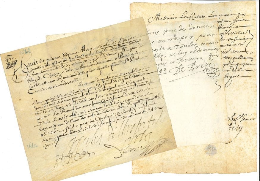 Maréchaux. 5 L.S. ou P.S. et 1 L.A.S., XVIIe siècle.

   Urbain de Maillé marquis de Brézé, Honoré d’Albert duc de Chaulnes, Jacques Nompar de Caumont duc de La Force (et portrait), Charles de La Porte duc de La Meilleraye, Nicolas de L’Hospital, Charles de Schomberg.