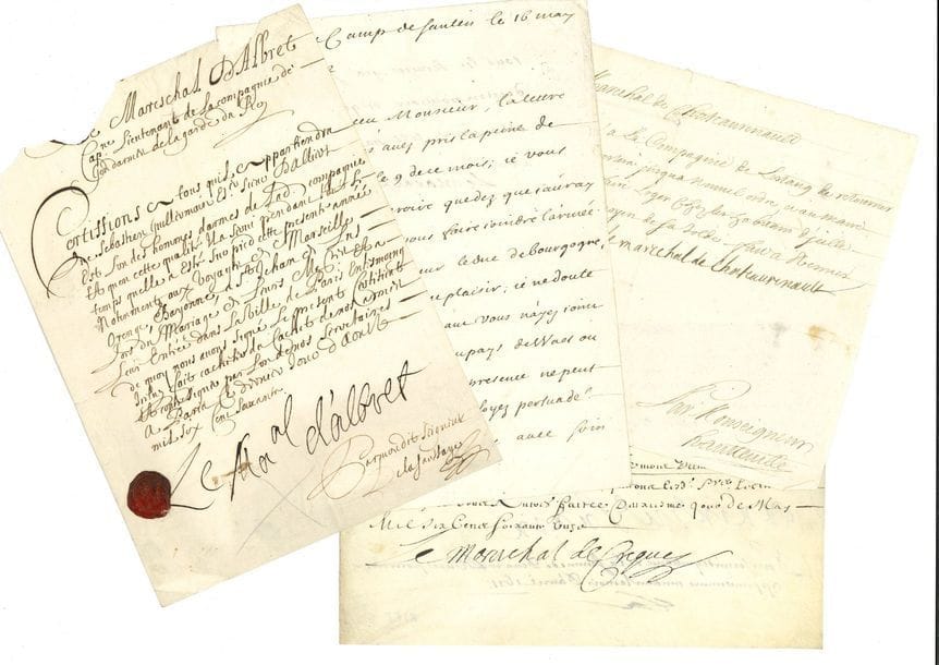 Maréchaux. 10 L.S. ou P.S. et 2 L.A.S., XVIIe-XVIIIe siècle.

   César-Phébus d’Albret (1660, sceau aux armes), Louis-François duc de Boufflers (1702), François-Louis de Rousselet comte de Chateaurenault (1712), François de Bonne marquis de Créquy (1671), Jean comte d’Estrées (1662), Henri duc d’Harcourt (Lille 1687, portrait), Louis de Crevant duc d’Humières (Lille 1669, sceau aux armes), Anne-Jules duc de Noailles (1683), Camille d’Hostun comte de Tallart (1707), Claude-Louis-Hector duc de Villars (1731), François de Neufville duc de Villeroy (1720), Louis-Victor de Rochechouart duc de Vivonne (1676).