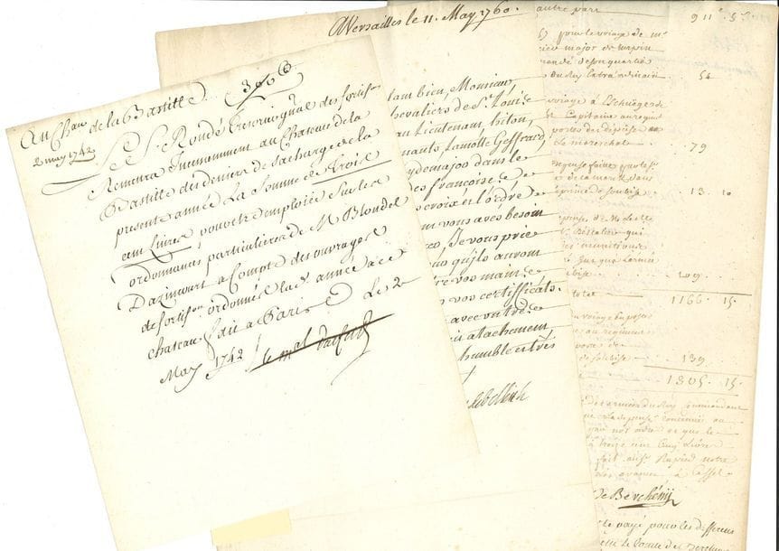 Maréchaux. 20 L.S. ou P.S. dont 3 L.A.S., XVIIe-XVIIIe siècle.

   Claude-François Bidal marquis d’Asfeld (Bastille 1742, signature rayée), Charles-Louis-Auguste Fouquet duc de Belle-Isle (1760), Ladislas-Ignace comte de Berchény (signée aussi par le duc de Richelieu, 1757), Charles-Armand duc de Biron (1743), Victor-Maurice comte de Broglie (Montpellier 1690), Louis-Auguste d’Albert d’Ailly duc de Chaulnes (1740), Gaspard duc de Clermont-Tonnerre (1772), François de Franquetot duc de Coigny (devant Fribourg 1744), Leonor-Marie du Maine comte Du Bourg (Belfort 1719), Louis-Charles Le Tellier duc d’Estrées (1740), Nicolas de Blé marquis d’Huxelles (1718), Gui-Claude-Rolland comte de Laval-Montmorency (Metz 1742), Jean-Baptiste-François Desmarets marquis de Maillebois (Hanovre 1758), Adrien-Maurice duc de Noailles (Marly 1748), Louis-François-Armand de Vignerot du Plessis duc de Richelieu (1785), Antoine duc de Roquelaure (1718), Maurice de Saxe (Malines 1747), Jean-Charles de La Ferté marquis de Senneterre (Turin 1739), Charles de Rohan prince de Soubise (1782, sur vélin avec sceau aux armes), Charles O’Brien comte de Thomond (1759).
