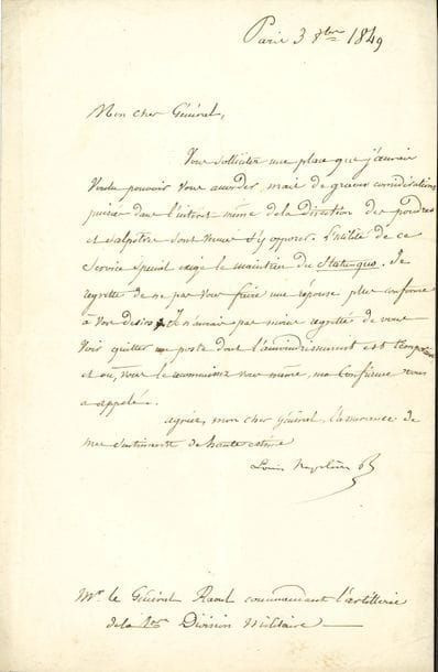 NAPOLÉON III (1808-1873). L.S. « Louis Napoléon B », Paris 3 octobre 1849, au général Raoul, commandant l’artillerie de la 1ère Division Militaire ; 1 page in-8 (encadrée).

   « Vous sollicitez une place que j’aurais voulu pouvoir vous accorder, mais de graves considérations puisées dans l’intérêt même de la direction des poudres et salpêtres sont venues s’y opposer. L’utilité de ce service spécial exige le maintien du statuquo. Je regrette de ne pas vous faire une réponse plus conforme à vos désirs. Je n’aurais pas mieux regretté de vous voir quitter un poste dont l’amoindrissement est temporaire et où, vous le reconnaissiez vous-même, ma confiance vous a appelé »…
   On joint une lettre de son chef de cabinet Mocquard à Billebault-Duchaffauld (1864, relative à un projet pour l’extinction du paupérisme) ; et deux lettres du secrétariat de Ferdinand-Philippe duc d’Orléans au Dr Sarrasin (1832-1833).
