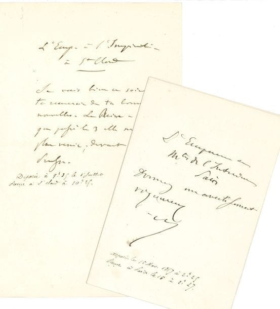 NAPOLÉON III. 2 L.A. (minutes), 15 novembre 1857 et 1er juillet ; sur 1 page in-8 chaque.

   Minutes de dépêches télégraphiques. Au ministre de l’Intérieur [Billault] : « donnez un avertissement vigoureux »... à l’Impératrice : « La Reine a fait dire que passé le 3 elle ne pourrait plus venir ; devant aller en Prusse »... On joint une lettre-circulaire en facsimilé du Prince Napoléon (1967).