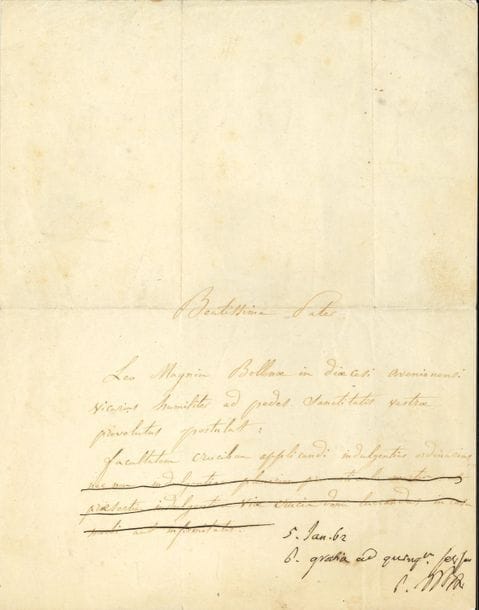 Giovanni Maria Mastai Ferretti, PIE IX (1792-1878) Pape (1846). P.S. avec apostille autographe, 5 janvier 1862 ; demi-page in-4.

   Réponse à une demande du vicaire Léon Magnin de Bollène pour avoir la faculté d’accorder des indulgences. On joint l’imprimé d’une réponse au Conseil municipal d’Avignon (1848).