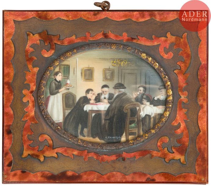 N. KAWITZKY (actif au XIXe siècle) 
Étude en famille
Miniature sur ivoire. 
7 x 9 cm (à vue) 
Charmante scène dans un intérieur bourgeois. Les trois personnages au premier rang sont profondément absorbés dans leur étude. À gauche, une jeune femme apporte le pain tressé de Shabbat et la boisson. À droite, un jeune homme sirote sa tasse avec élégance. 
Léger décollement au cadre. 



Mots clés : {CR}judaïca, juif, juive, hébreux, rabbins, jewish, torah, hebrew, hebraica,, judaisme, synagogue, sionisme, pessah, pessach, haggada, haggadah, hagada, hagadah, passover, menora, menorah, hannuka, hannuca, hannoucca, hanouccah, torah, juden, israélite, Israël, antisemitism, antisémitisme, dreyfus, meguila, sepharade, sefarad, ketouba