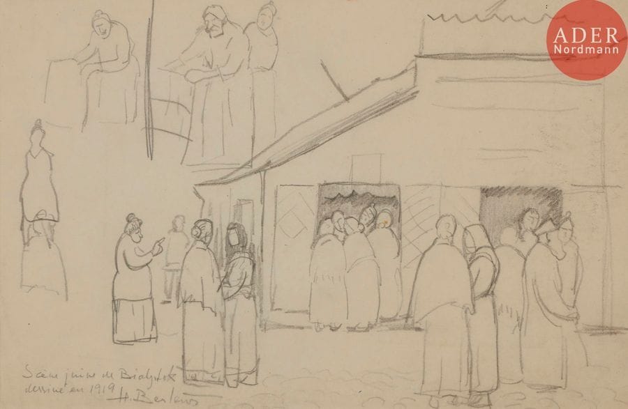 Henri BERLEWI (1894-1967) 
Scène juive à Bialystok 1919
Mine de plomb. 
Signée, datée et légendée en bas à gauche. 
18 x 29 cm 
Provenance :
Collection Mandelman, Paris.




Mots clés : {CR}judaïca, juif, juive, hébreux, rabbins, jewish, torah, hebrew, hebraica,, judaisme, synagogue, sionisme, pessah, pessach, haggada, haggadah, hagada, hagadah, passover, menora, menorah, hannuka, hannuca, hannoucca, hanouccah, torah, juden, israélite, Israël, antisemitism, antisémitisme, dreyfus, meguila, sepharade, sefarad, ketouba