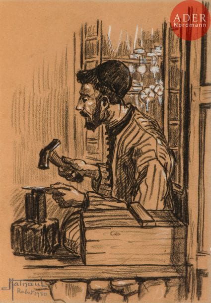 Jean HAINAUT (XXe siècle) 
Le bijoutier juif, Rabat 1920
Mine de plomb rehaussée au pastel blanc. 
Signé, situé et daté en bas à gauche. 
23 x 16,4 cm
Peintre, enseignant, dessinateur et graveur français, Jean Hainaut a participé à plusieurs reprises aux expositions des peintres et sculpteurs français du Maroc. Lui et Jacques Majorelle font partie des peintres prisés lors de ces manifestations. Voici par exemple une recension du travail de Hainaut par Albert Charton : « C’est le Sud marocain, Marrakech et l’Atlas qui ont surtout, cette fois, retenu nos artistes. Il y a là une nature originale, aux lignes simples, aux formes humaines curieuses. Voici une première aquarelle de Hainaut ; traitée largement, vigoureusement charpentée, dessinée d’une main ferme, elle rend, en traits d’une simplicité classique l’un des aspects les plus familiers de la vallée. »
Il enseigne le dessin au Collège musulman de Rabat, puis au Collège impérial où il a comme élèves les princes Moulay Hassan et Moulay Abdallah. De nombreux ouvrages portent sa signature.
Bibliographie : Maurice Arama, Maroc le royaume des peintres. Editions Non Lieu, Paris 2018 ; Mylène Théliol, L’association des peintres et sculpteurs du Maroc (1922-1933), Rives méditerranéennes [En ligne] 



Mots clés : {CR}judaïca, juif, juive, hébreux, rabbins, jewish, torah, hebrew, hebraica,, judaisme, synagogue, sionisme, pessah, pessach, haggada, haggadah, hagada, hagadah, passover, menora, menorah, hannuka, hannuca, hannoucca, hanouccah, torah, juden, israélite, Israël, antisemitism, antisémitisme, dreyfus, meguila, sepharade, sefarad, ketouba