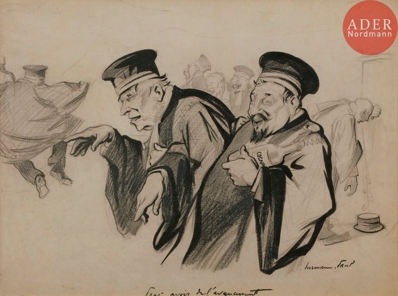 HERMANN-PAUL (1864-1940)
Pour avoir de l’avancement, 1901
Fusain, encre et crayon.
Signée en bas à droite et titré.
31 x 42 cm

Bibliographie :
L’Assiette au Beurre n°7bis hors-série du 21 mai 1901, reproduit p. 3.