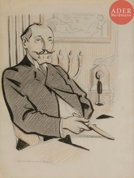 HERMANN-PAUL (1864-1940)
MONSIEUR NEDBOIS, 1904
Encre et crayon de couleurs.
Signée en bas à gauche.
31 x 24 cm

Bibliographie :
Un Roman par HERMANN-PAUL, n°154 de L’Assiette au Beurre (12 mars 1904), reproduit p. 2.