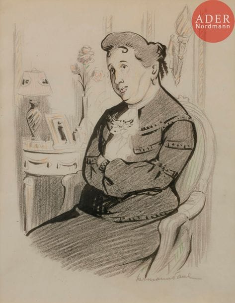 HERMANN-PAUL (1864-1940)
MADAME NEDBOIS, 1904
Fusain et encre.
Signé en bas à droite.
30 x 24 cm

Bibliographie :
Un Roman par HERMANN-PAUL, n°154 de L’Assiette au Beurre (12 mars 1904), reproduit p. 3.