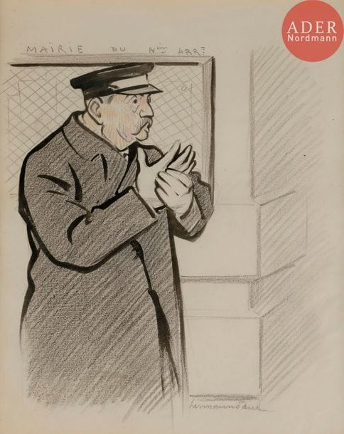 HERMANN-PAUL (1864-1940)
LE GARDIEN DE MAIRIE, 1904
Encre et fusain.
Signée en bas à droite.
30 x 24 cm

Bibliographie :
Un Roman par HERMANN-PAUL, n°154 de L’Assiette au Beurre (12 mars 1904), reproduit p. 11.