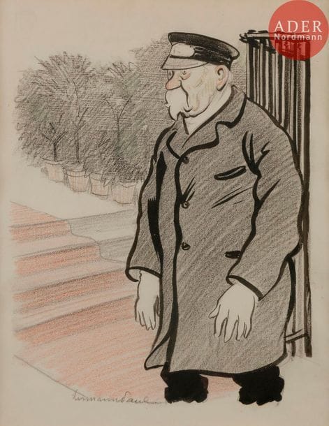 HERMANN-PAUL (1864-1940)
LE GARDIEN D’ÉGLISE, 1904
Encre, fusain et crayon rouge.
Signée en bas à gauche.
30 x 23,5 cm

Bibliographie :
Un Roman par HERMANN-PAUL, n°154 de L’Assiette au Beurre (12 mars 1904), reproduit p. 12.