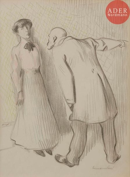 HERMANN-PAUL (1864-1940)
LE PÈRE DE FAMILLE, 1907
Crayon.
Signé en bas à droite.
28 x 22 cm

Bibliographie :
L’Assiette au Beurre « les faiseuses d’anges » n°315 du 
13 avril 1907 reproduit p. 2 avec la légende :
Un amant, j’ai fermé les yeux ; mais un enfant ! … Fous le camp !…