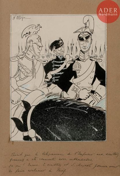 Georges d’OSTOYA (1878-1937)
LES BÉNÉFICIAIRES DES SINISTRES, 1910
Encre.
Signée en haut à gauche et légendée :
Il parait que le télégramme de l’Empereur aux sinistrés français a été commenté avec enthousiasme ?…
Encore deux sinistres de ce genre, et sa Majesté pourra se faire acclamer à Paris…
31 x 23 cm

Bibliographie :
L’Assiette au Beurre « les Bénéficiaires des sinistres » n°464 du 19 février 1910, reproduit p. 1617 (mis en couleurs).