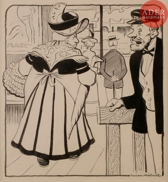 Lucien METIVET (1863-1932)
ON A INSULTé UNE AUVERGNATE SUR LA LIGNE DE MARLY, 1901
Encre de Chine.
Signée en bas à droite.
24 x 22,5 cm

Bibliographie :
Le Rire n°355 du 24 août 1901 reproduit en couverture (mis en couleurs) avec la légende :
En voiture, Vaucresson, Garches…
Bougrrre d’incholent !
Les Humoristes 1830-1930, éditions de l’Amateur 1999 reproduit p. 770.