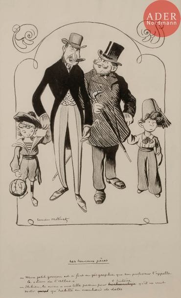 Lucien METIVET (1863-1932)
LES HEUREUX PèRES, 1902
Encre.
Signée en bas à gauche et légendée :
Mon petit garçon est si fort en géographie que son professeur l’appelle le « lion de l’Atlas »…
Eh bien, le mien a une telle passion pour l’histoire qu’il ne peut sortir qu’habillé en marchand de dates…
31 x 24 cm

Bibliographie :
Le Rire n°394 du 24 mai 1902, reproduit p. 7.