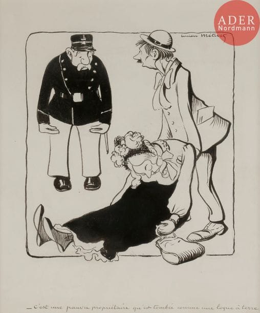 Lucien METIVET (1863-1932)
UNE PAUVRE PROPRIÉTAIRE, 1902
Encre de Chine.
Signée en haut à droite et légendée :
C’est une pauvre propriétaire qu’est tombée comme une loque à terre…
25 x 22 cm

Bibliographie :
Le Rire n°414 du 11 octobre 1902, reproduit en couverture (mis en couleurs)
Les Humoristes 1830-1930, éditions de l’Amateur 1999 reproduit p. 765.