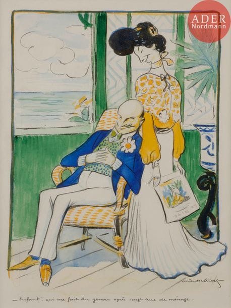 Lucien METIVET (1863-1932)
EN MÉNAGE, 1903
Encre et aquarelle.
Signée en bas à droite et légendée :
Enfant qui me fait du genou après vingt ans de mariage…

Bibliographie :
Le Rire n°32 (nouvelle série) du 12 septembre 1903, reproduit p. 9.