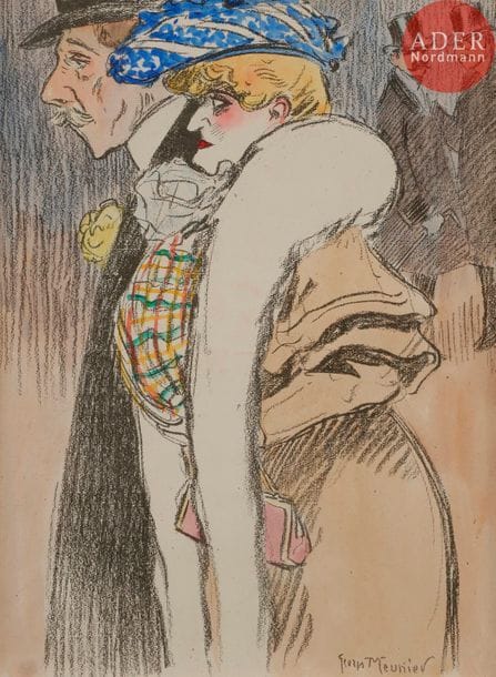 Georges MEUNIER (1869-1942)
LA PROMENADE DU VIEUX TABLEAU, 1904
Épreuve d’essai rehaussée.
Signée en bas à droite.
25 x 18,5 cm

Bibliographie :
Le Rire n°67 (nouvelle série) du 14 mai 1904, reproduit en 4e de couverture avec la légende :
Tu connais ce bonhomme-là ?
Depuis qu’il promène ce vieux tableau, on ne l’appelle plus, au cercle, que le gardien du fards !
La Femme dans la Caricature française par Gustave Kahn, éditions Albert Méricant, reproduit p. 429, n°406.