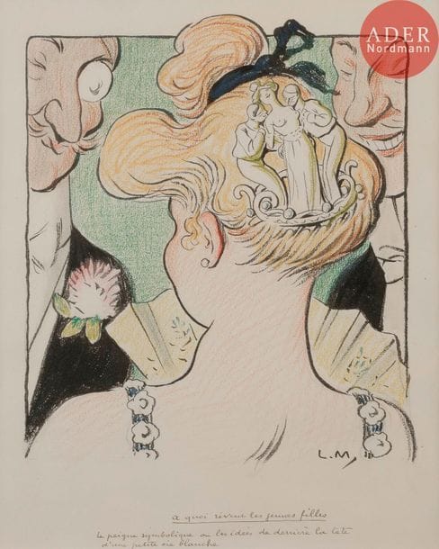 Lucien METIVET (1863-1932)
à QUOI RÊVENT LES JEUNES FILLES, 1904
Crayon de couleurs et encre.
Monogrammé à gauche, titré et légendé : 
le peigne symbolique ou les idées de derrière la tête d’une petite oie blanche…
28 x 23 cm

Bibliographie :
Le Rire n°90 (nouvelle série) du 22 octobre 1904 reproduit en couverture.