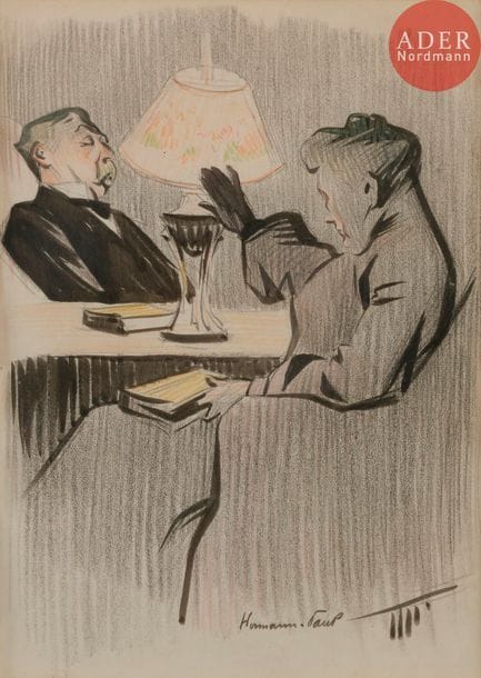 HERMANN-PAUL (1864-1940)
LE PASSé, 1905
Encre, fusain et crayon de couleurs.
Signée en bas à droite.
27 x 20 cm

Bibliographie :
Le Rire n°114 (nouvelle série) du 8 avril 1905 reproduit en couverture avec la légende :
Maintenant que nous sommes vieux, il me semble que je ne l’ai jamais trompé…
Les Maîtres Humoristes n°9 : HERMANN-PAUL, éd. Félix Juven 1907 reproduit.
La Femme dans la Caricature française par Gustave Kahn, éditions Albert Méricant, reproduit p. 118, n°109.